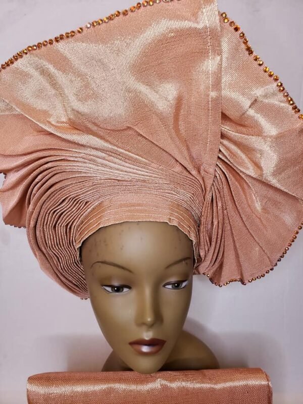 Aso Oke Auto Gele With Ipele (Shawl) Peach - PrimeOja